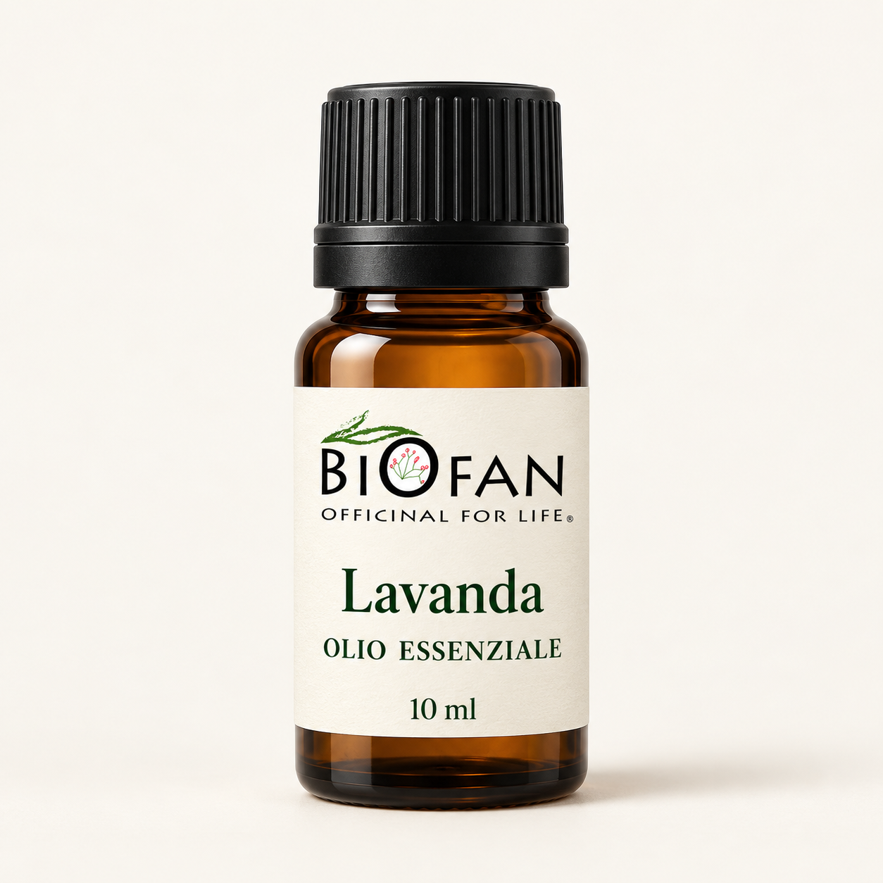 Illustrazione di un flacone ambrato da 10 ml di olio essenziale di Lavanda; confezione indicativa