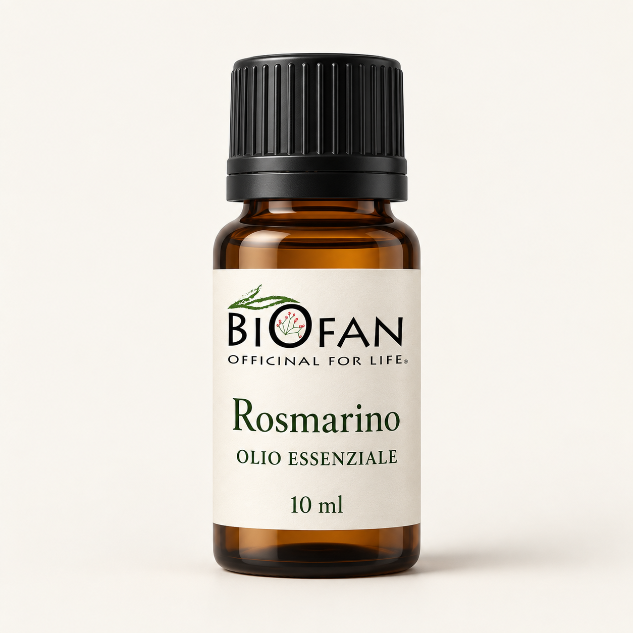 Illustrazione di un flacone ambrato da 10 ml di olio essenziale di Rosmarino; confezione indicativa