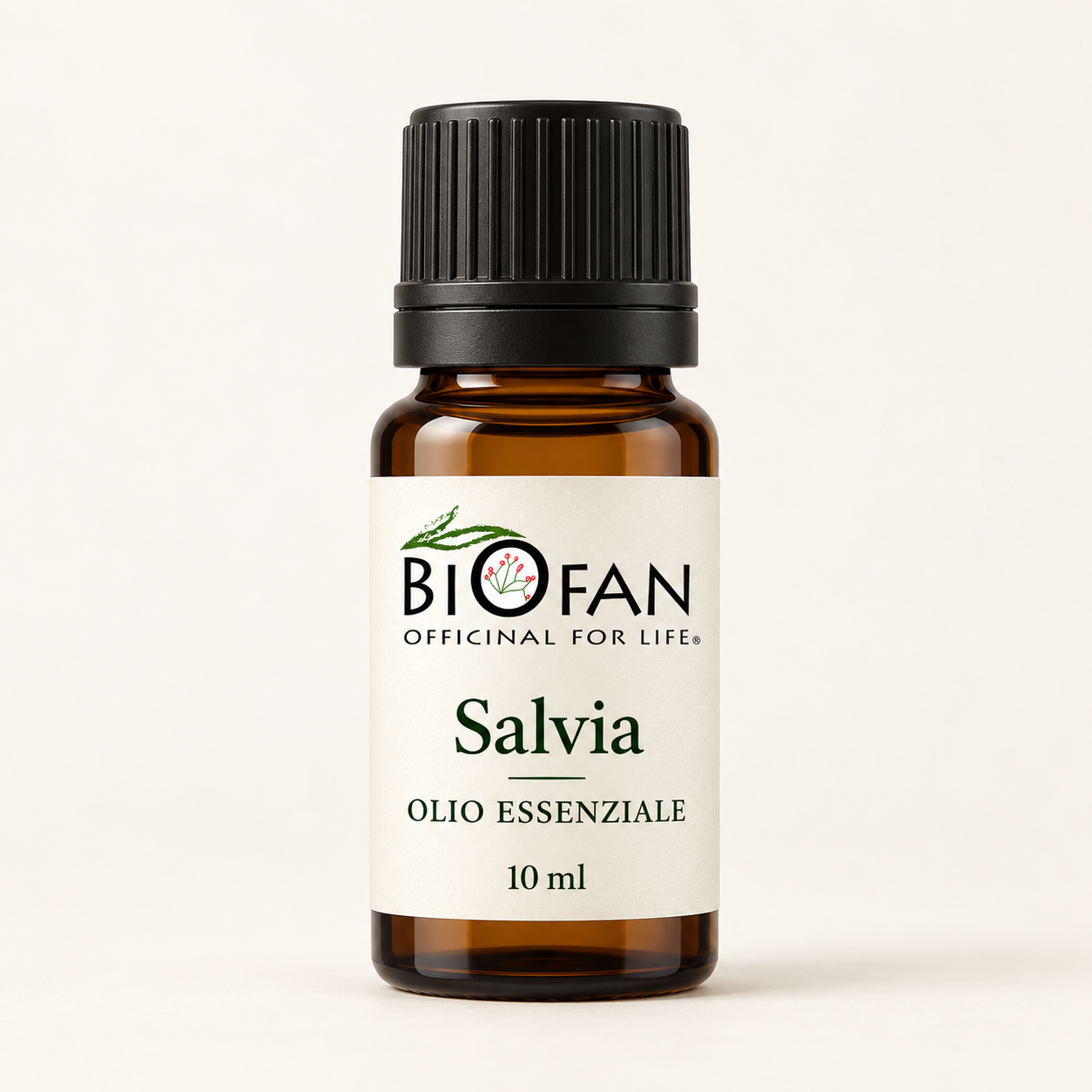 Illustrazione di un flacone ambrato da 10 ml di olio essenziale di Salvia; confezione indicativa